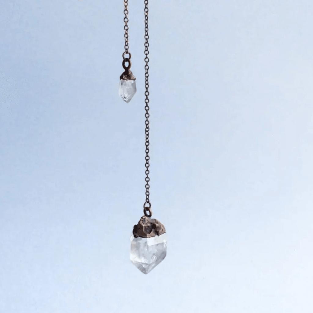 Tibetan Quartz Crystal Pendulum, Electroformed, Copper Oxidized Chain