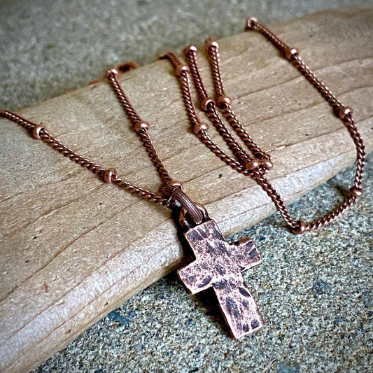 Tiny Hammered Antiqued Copper Cross Necklace Satellite Chain