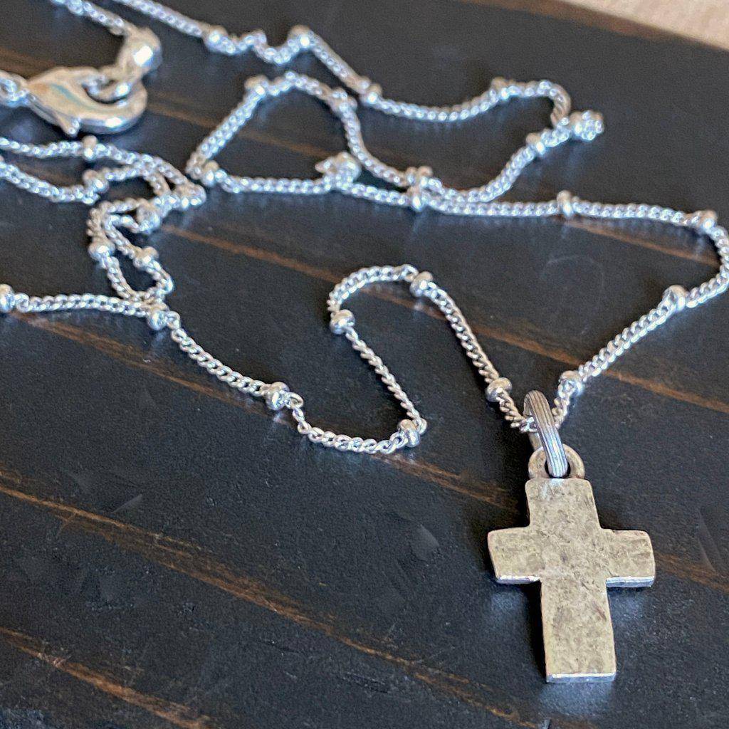 Tiny Hammered Antiqued Silver Cross Necklace Satellite Chain