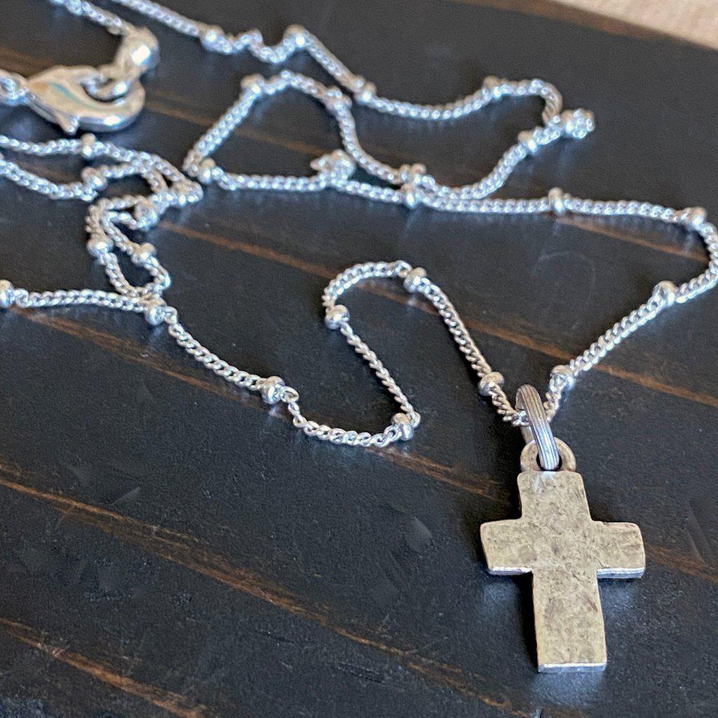 Tiny Hammered Antiqued Silver Cross Necklace on Satellite Chain