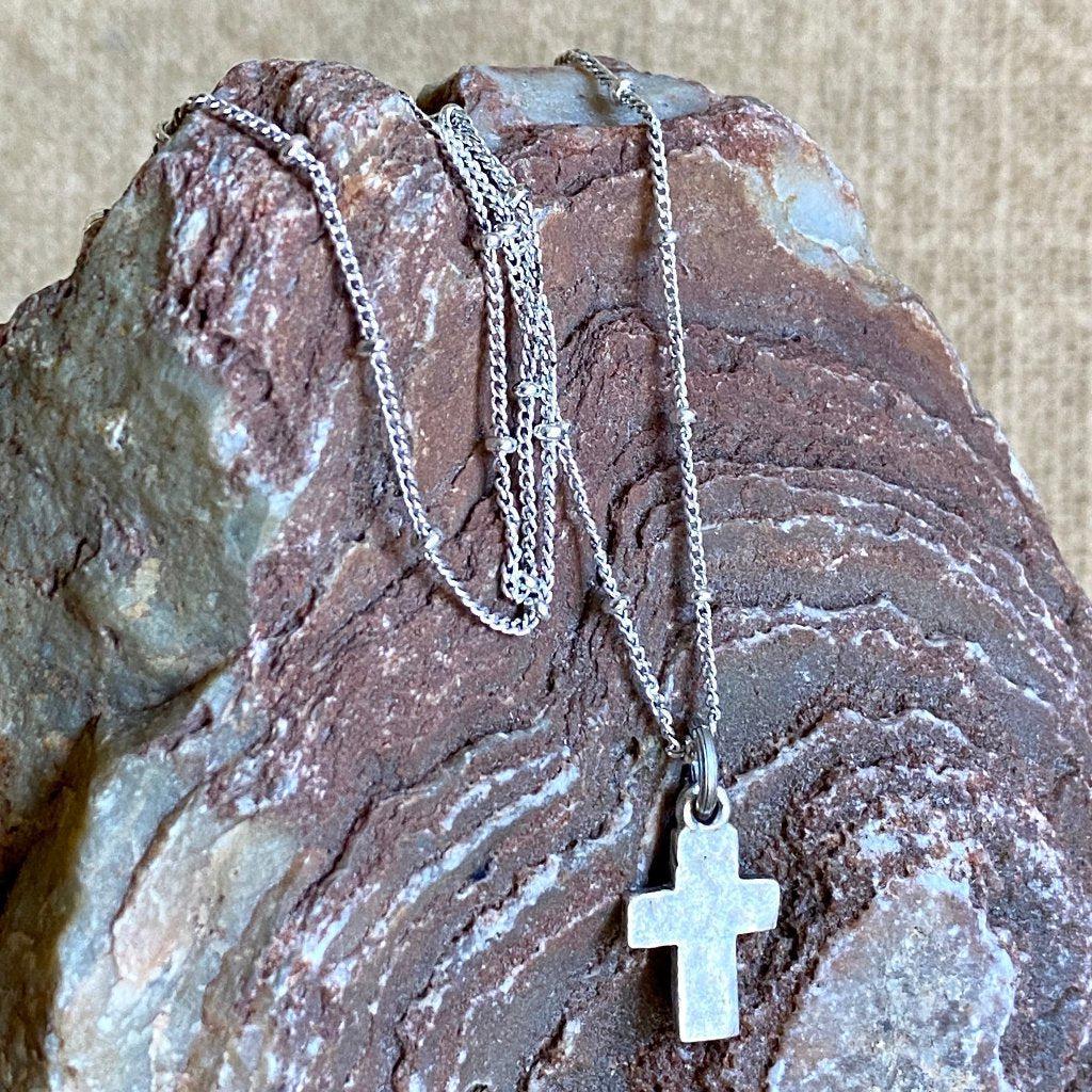 Tiny Hammered Antiqued Silver Cross Necklace on Satellite Chain