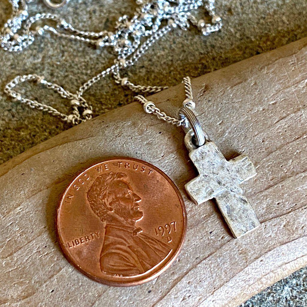 Tiny Hammered Antiqued Silver Cross Necklace on Satellite Chain