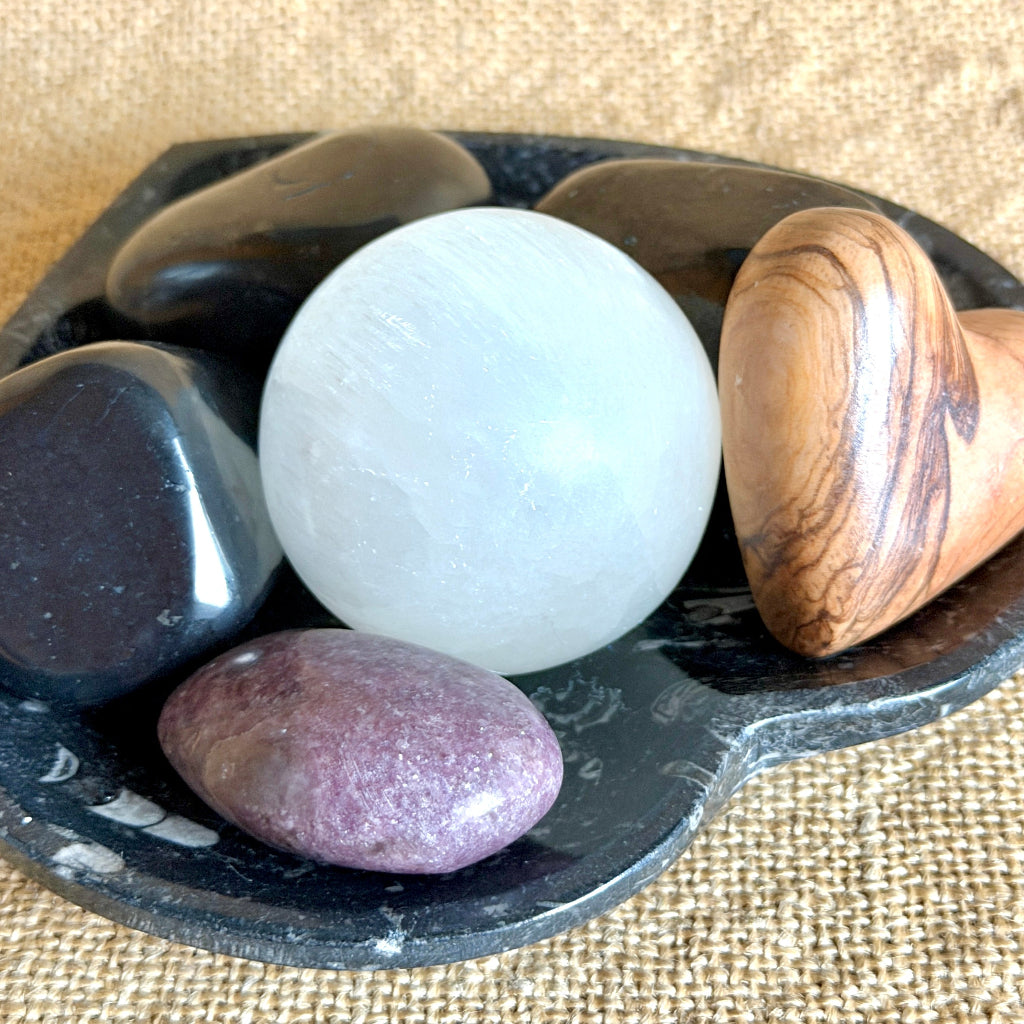 Tumbled Black Shungite, Selenite, Lepidolite | Orthoceras Heart Bowl full