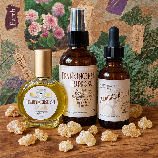 Bundle of three frankincense products on a wooden surface with a botanical collage background