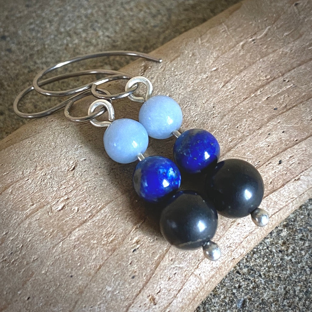 Shungite Earrings with Lapis and Angelite, Intuition, Communication