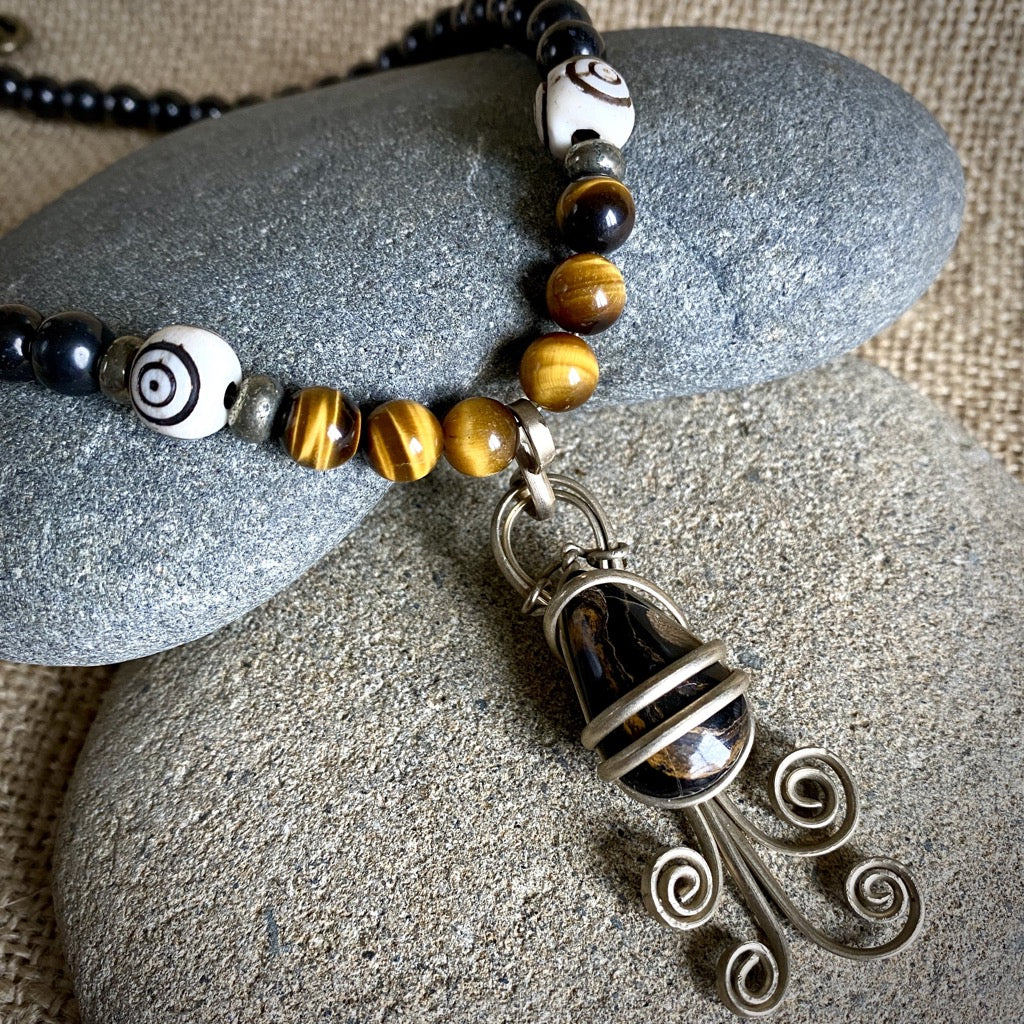 Shungite Necklace w/Stromatolite Pendant, Tiger's Eye, & Pyrite BeadsShungite Necklace w/Stromatolite Pendant, Tiger's Eye, & Pyrite Beads