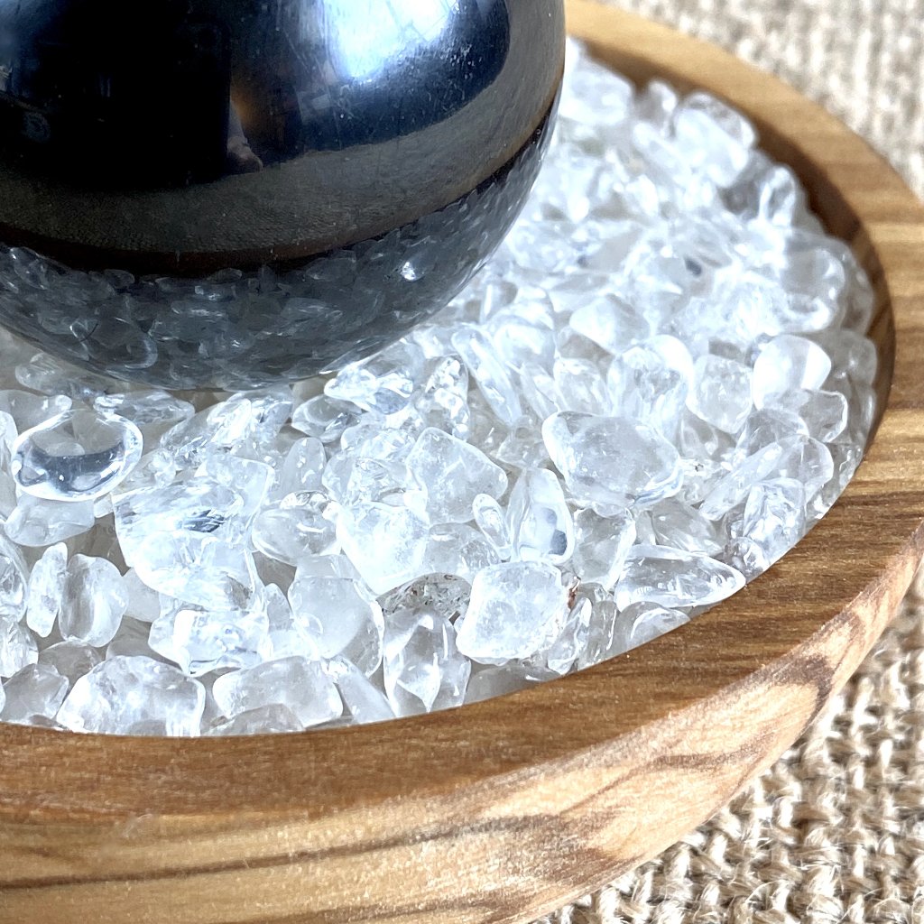 Shungite Sphere on Bed of Microtumbled Crystal in Olive Wood Bowl, - Shungite Queen