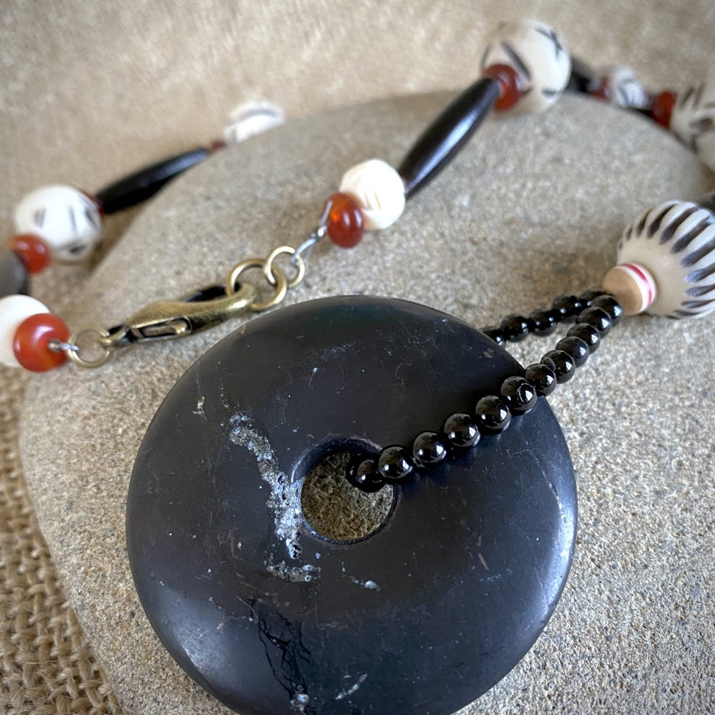 Tribal Shungite Lariat Necklace with Carnelian,Tourmaline & Bone Beads