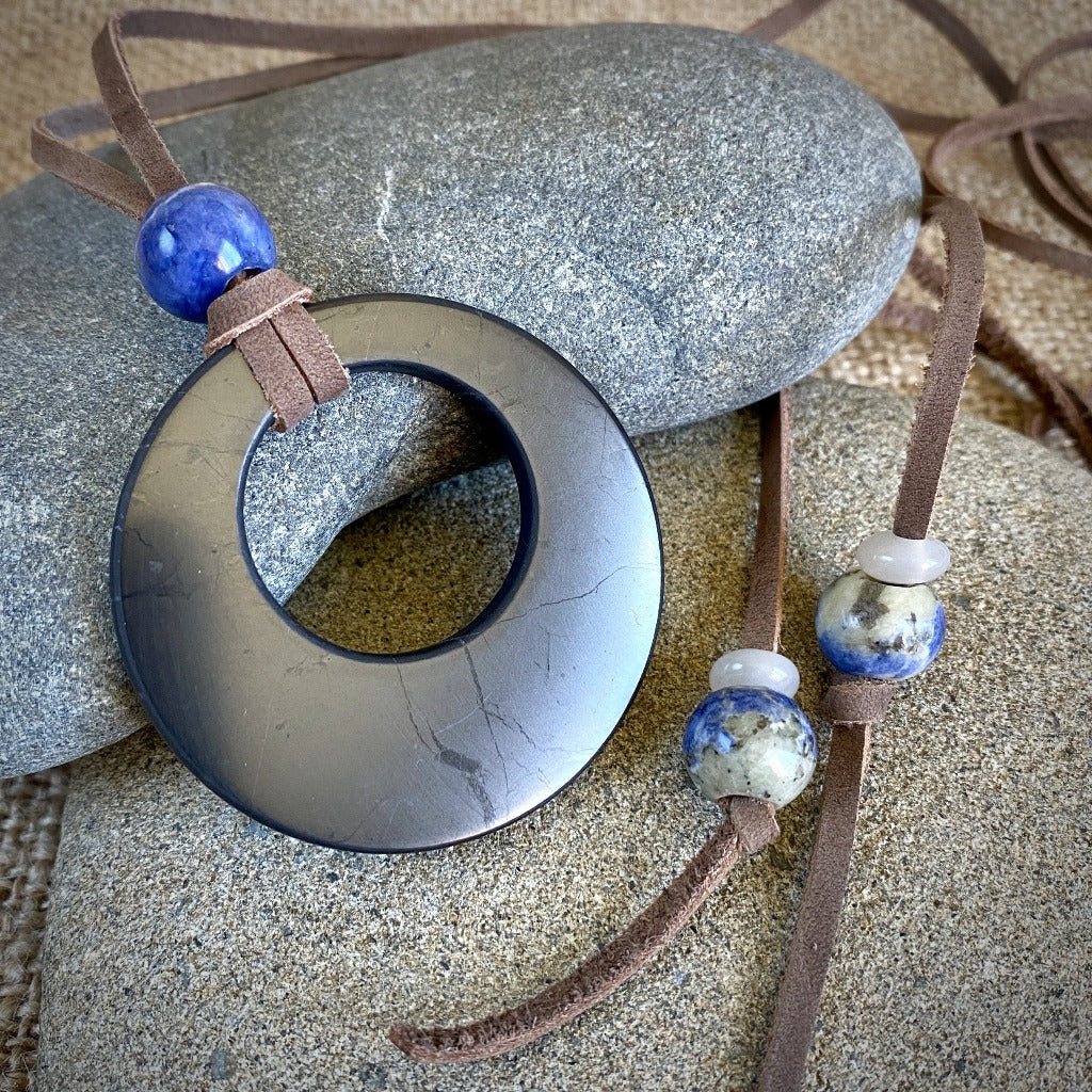 Lariat Style Shungite Necklace w/Eclipse Pendant, Sodalite & Moonstone