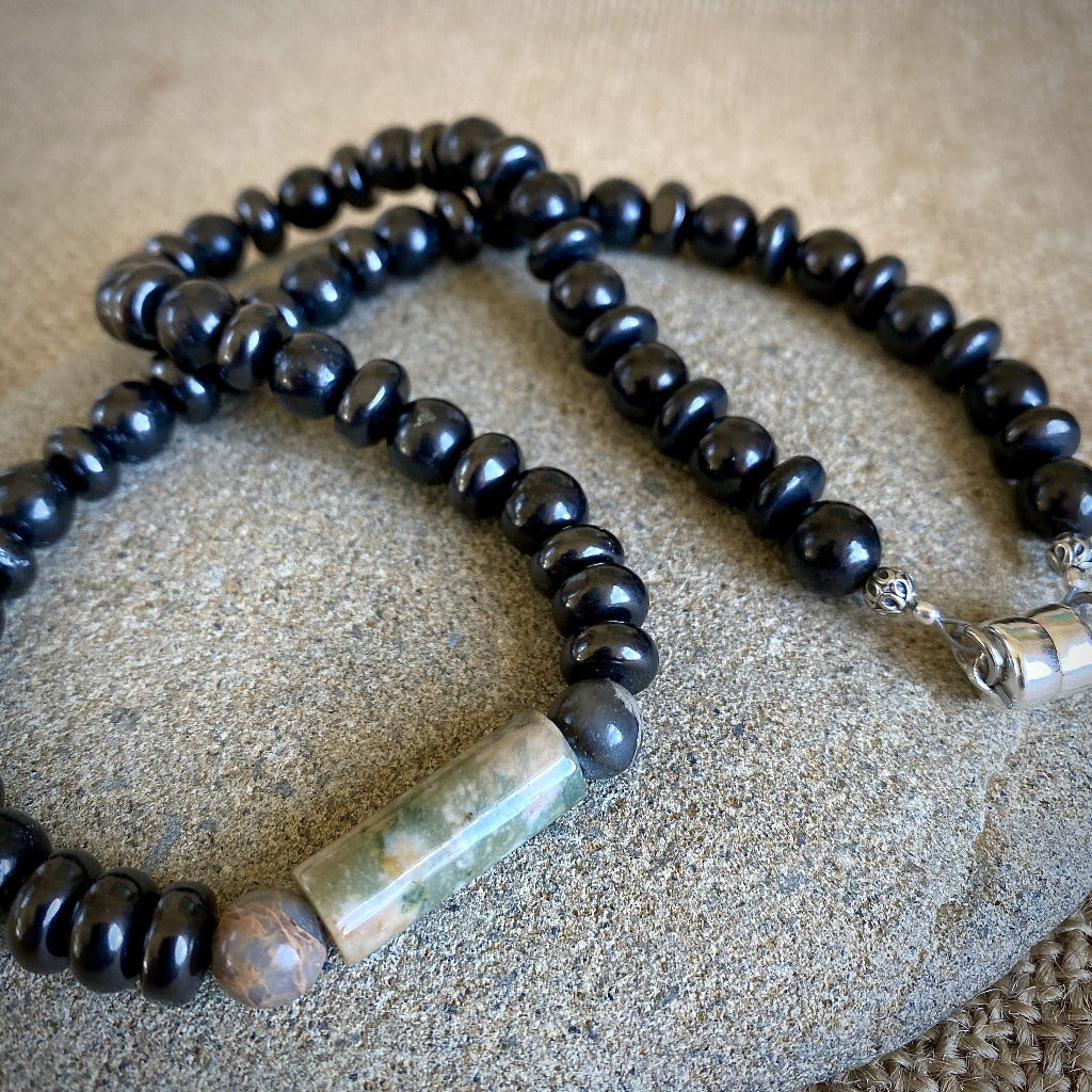 Shungite Necklace with Jasper & Serpentine, Kundalini Awakening