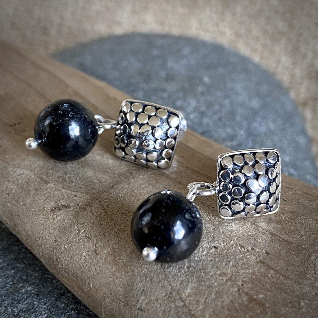 Puffy Bumpy Square Sterling Silver & Shungite Post Earrings