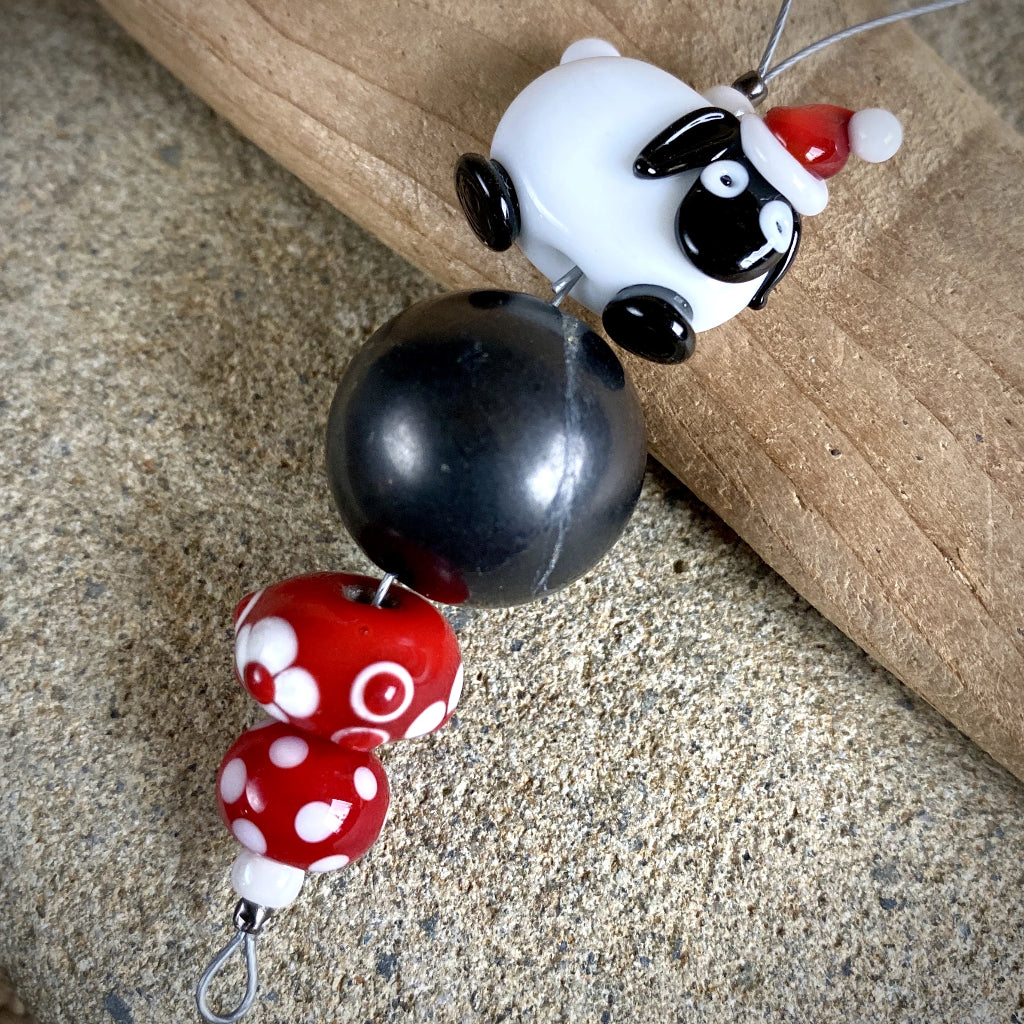 Sheep with Christmas Cap, Handcrafted Lampwork Bead Shungite Ornament - Shungite Queen