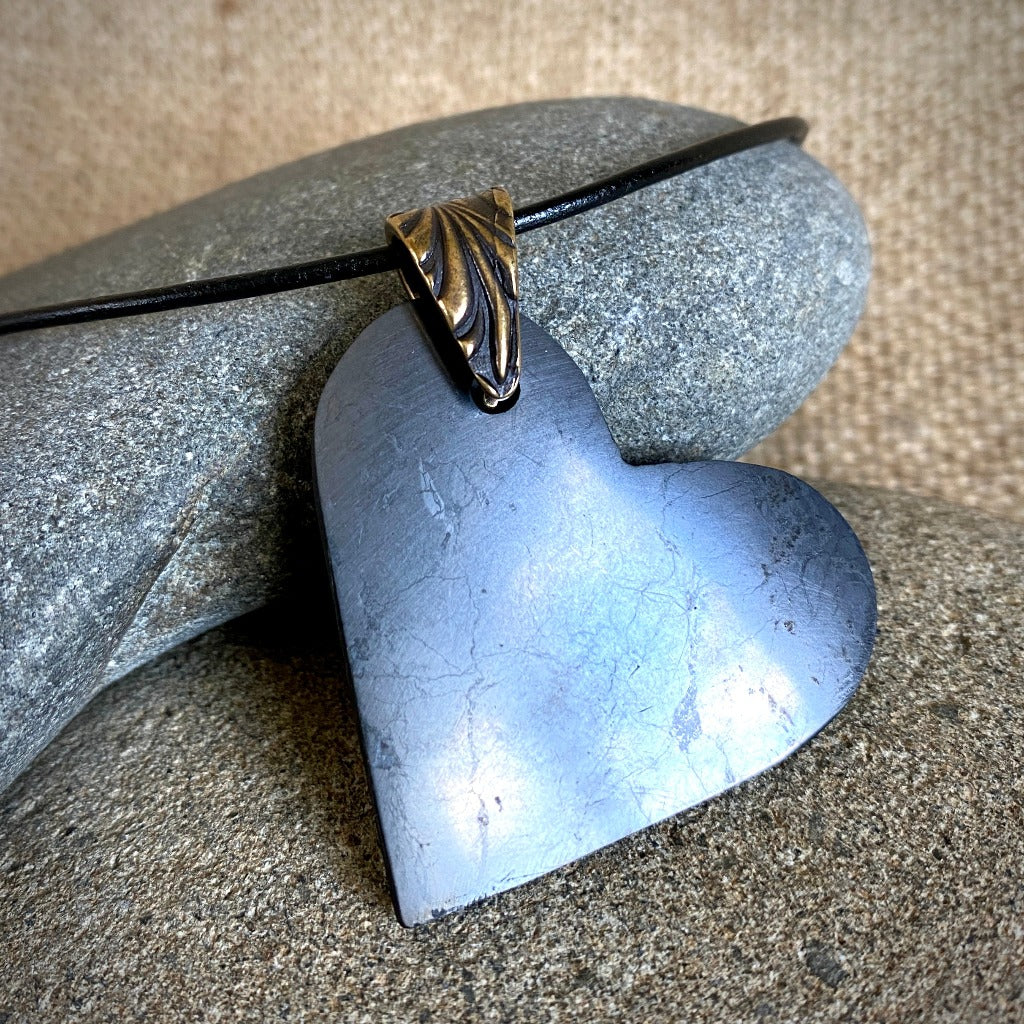 Large Shungite Heart Pendant Necklace, Angle Dangle, Brass Bail