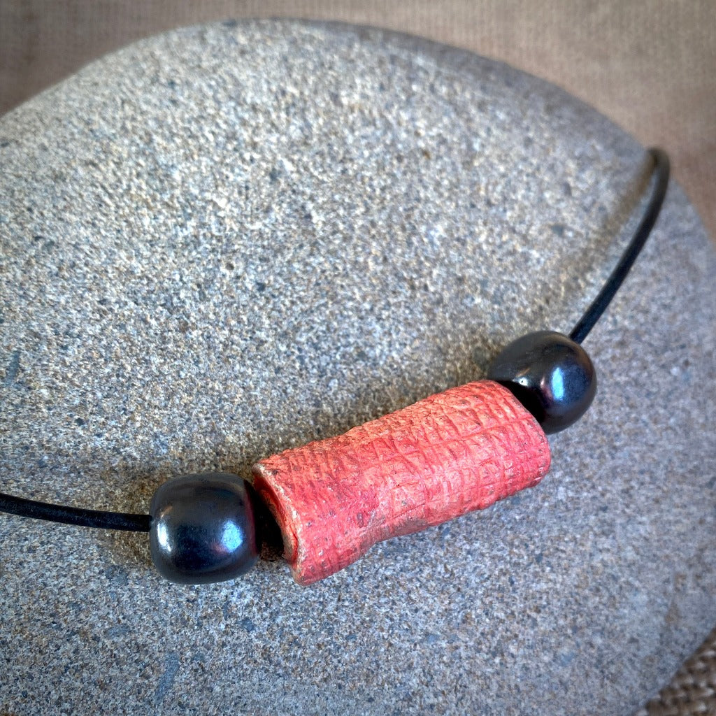 Shungite Necklace With Handmade Textured Ceramic Barrel Focal Bead