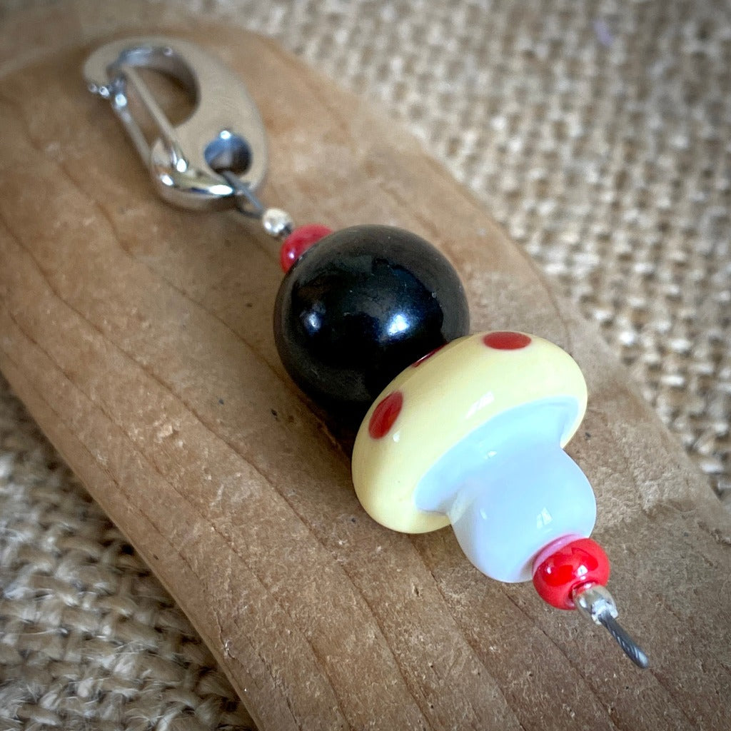 Mushroom Clip-on Necklace, Shungite, Yellow and Red, Lampwork Glass