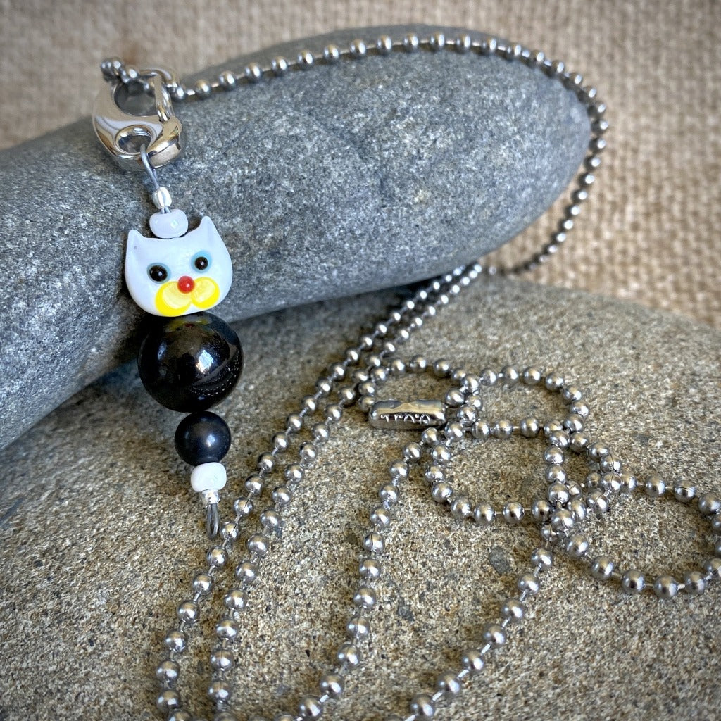 White Cat Shungite Necklace on Silver Ball Chain, Clip-On Accessory, Kids