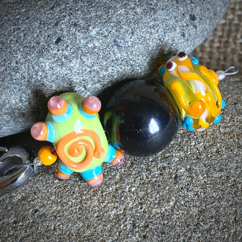 Shungite Clip-on, Necklace, Whimsical Lime Green Sun Face, Lampwork Glass