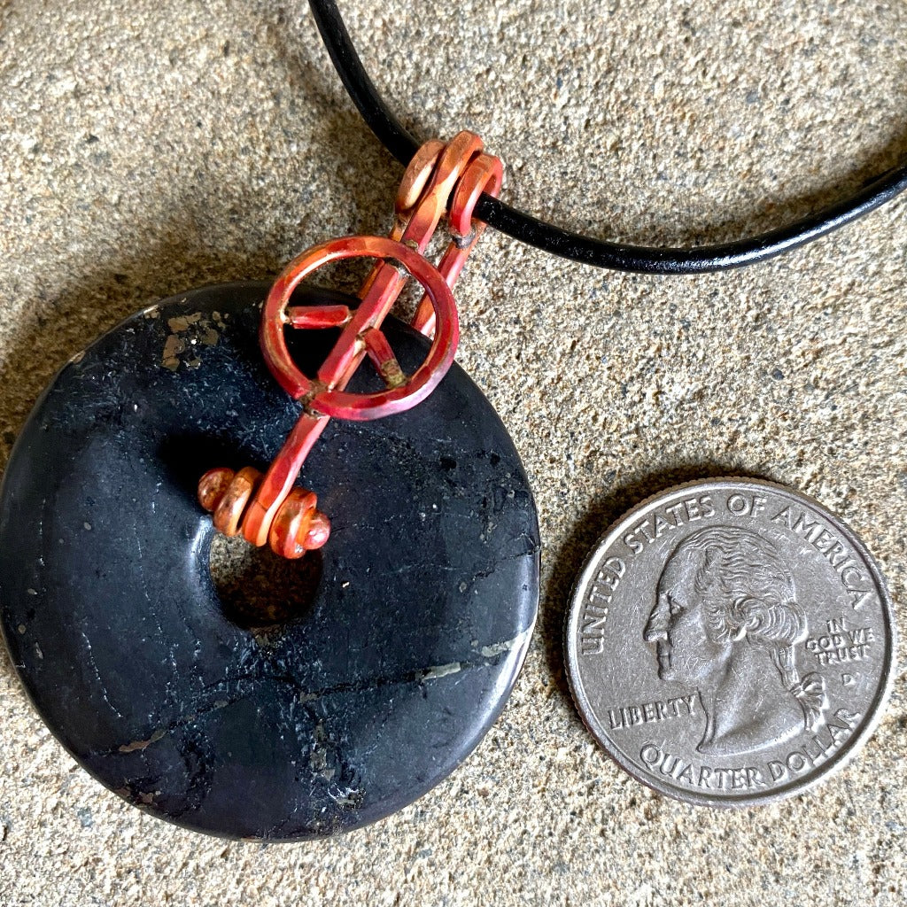 Shungite Donut Necklace With Artisan Copper Peace Sign Bail