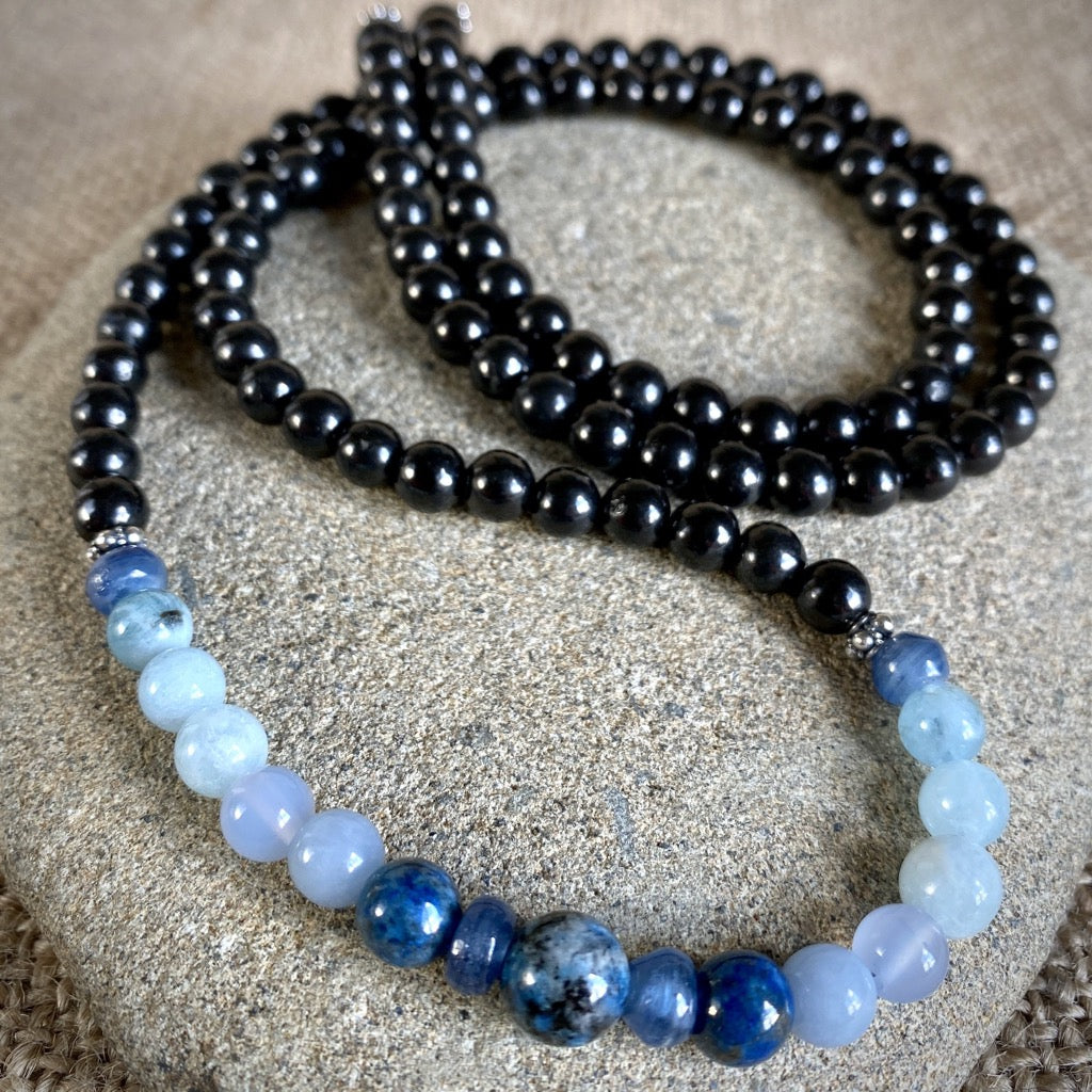 Long Shungite Necklace, Blue Gemstones, Throat Chakra, Communication