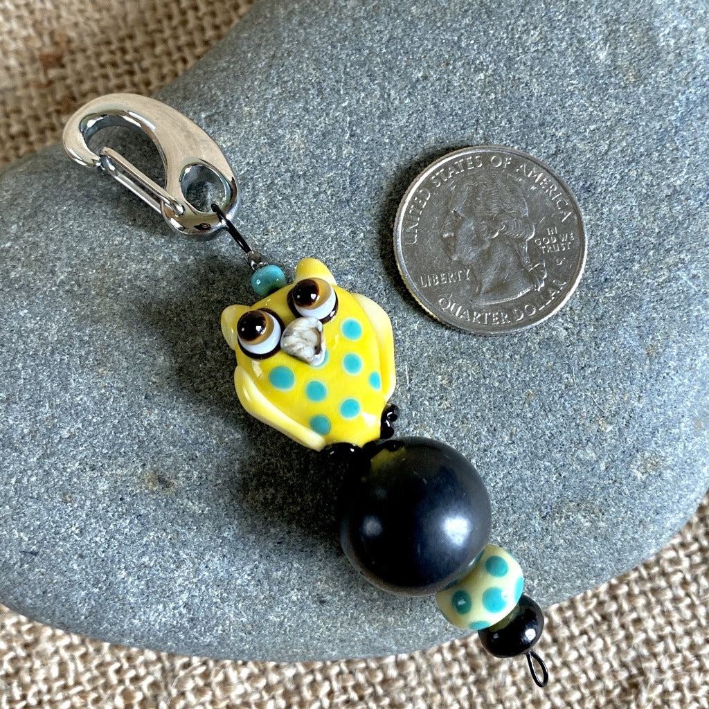 Shungite Owl Clip-on, Yellow & Turquoise, Artisan Lampwork Glass Bead - Shungite Queen