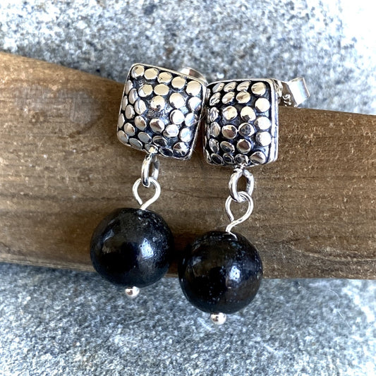 Puffy Bumpy Square Sterling Silver & Shungite Post Earrings