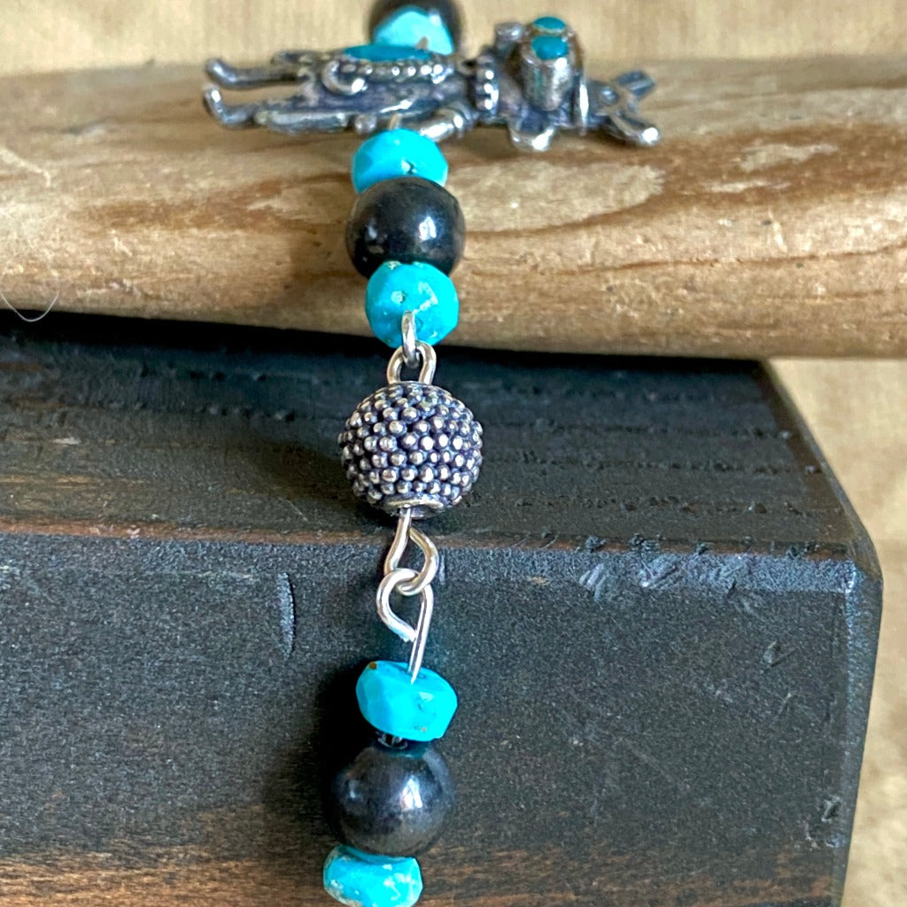 Vintage Sterling Kachina Bracelet with Genuine Turquoise, Shungite Beads