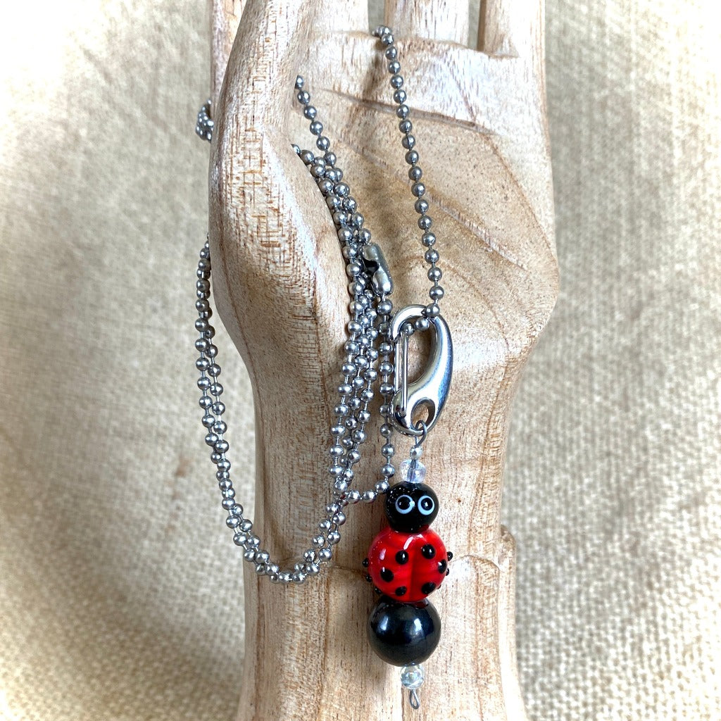 Shungite Ladybug Clip-on Necklace, Artisan Lampwork Glass Bead