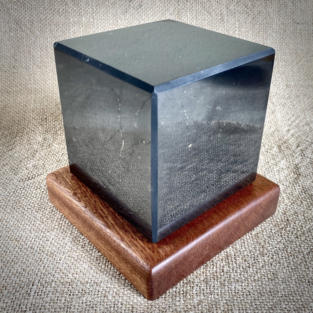 Polished Shungite Cube, 4 Inch (100 mm), with Custom Mahogany Stand - Shungite Queen