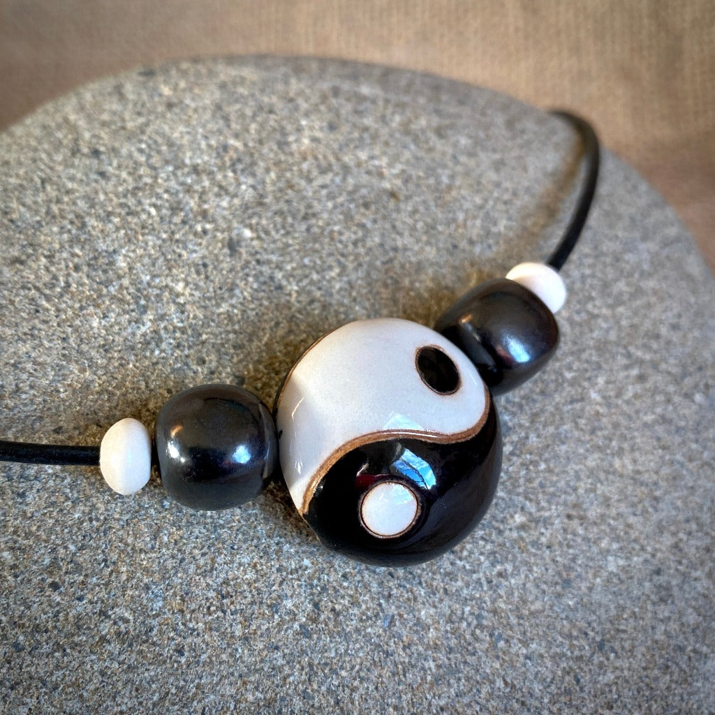 Shungite Necklace w/Yin Yang Stoneware Lentil Bead & White Wood Bead
