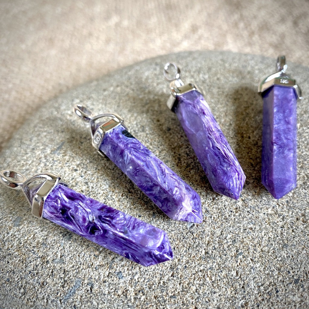 Charoite Double Point Pendant, Sterling Silver Setting, Siberian Stone