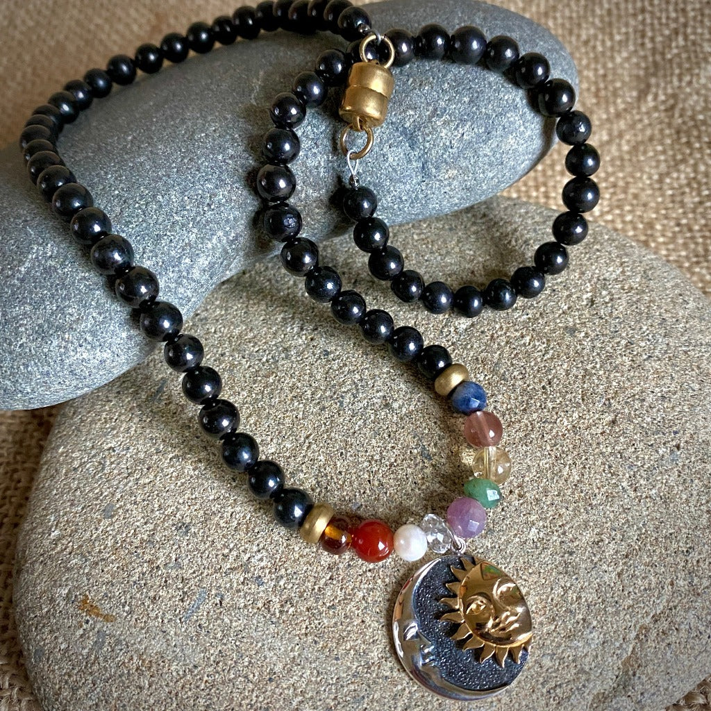 Shungite Navaratna Necklace, 9 Astrological Gemstones, Sun Moon Pendant