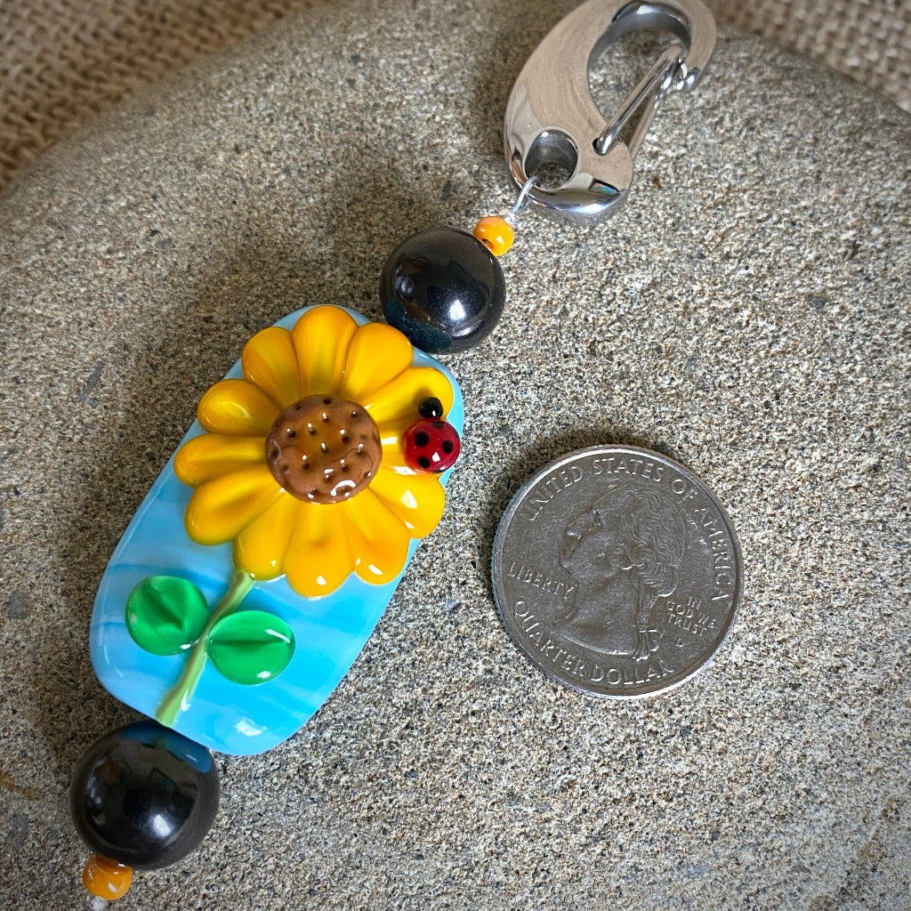 Artisan Lampwork Glass Sunflower Necklace or Hangable, With Shungite