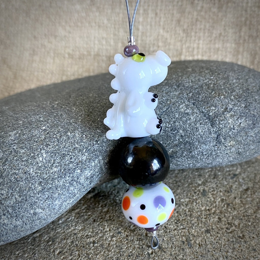 Hangable White Dragon Shungite Accessory w/Lampwork Glass Beads