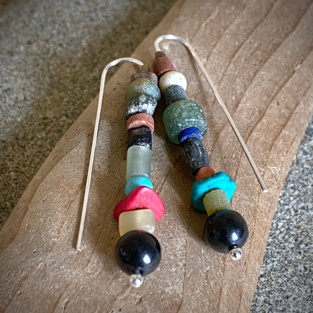 Shungite Threader Earrings with Tiny African Recycled Glass Beads