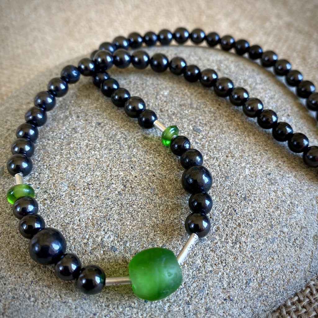 Shungite Necklace, Hill Tribe Silver, Recycled Glass Beads from Ghana