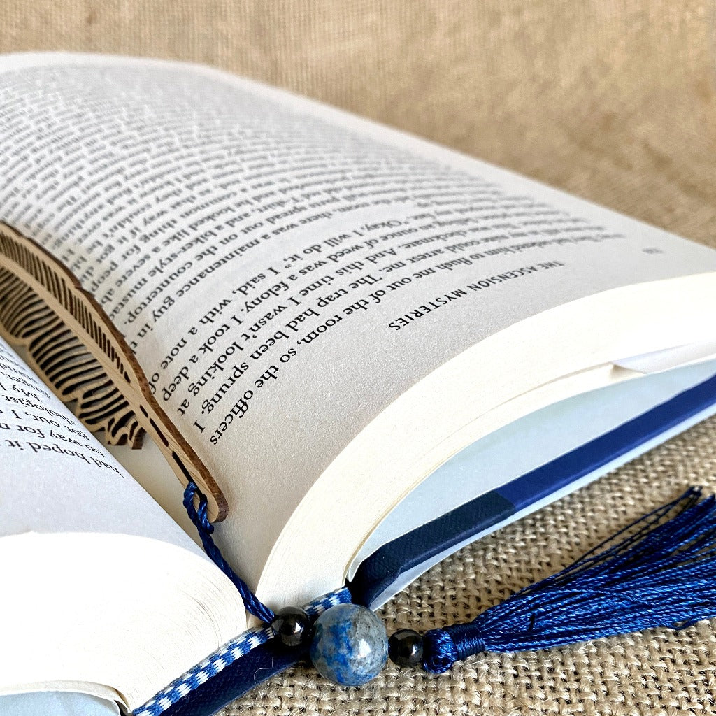 Bamboo Feather Shungite Bookmark with Lapis & Blue Tassel