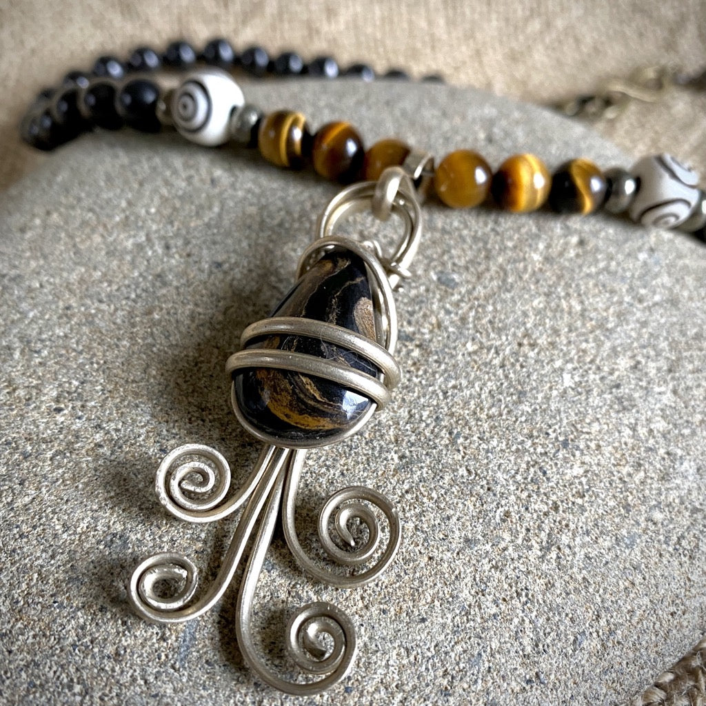 Shungite Necklace w/Stromatolite Pendant, Tiger's Eye, & Pyrite Beads