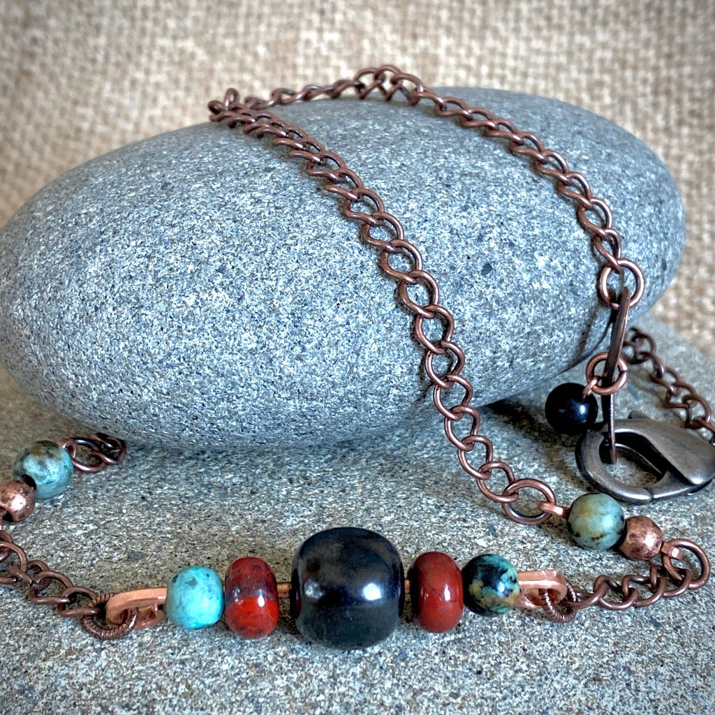 Shungite, Jasper, African Turquoise Necklace, Hammered Copper
