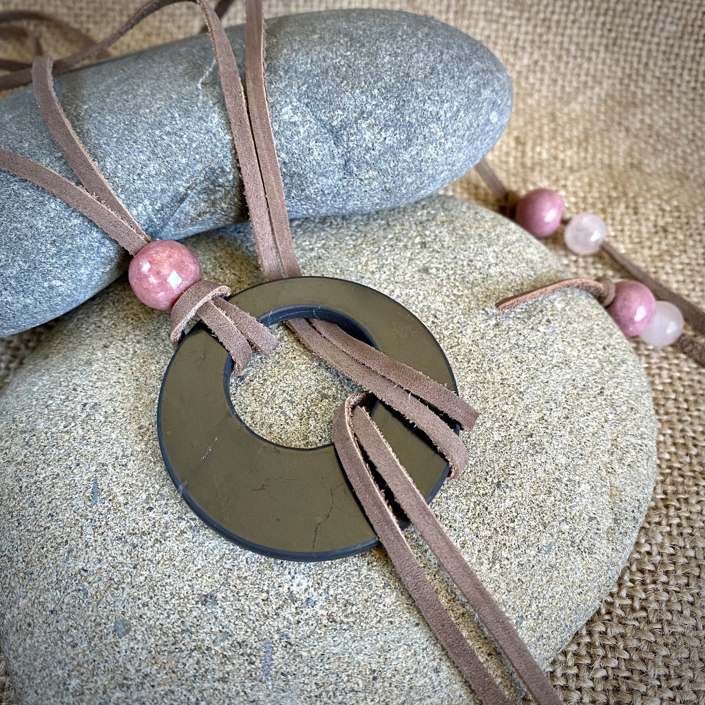 Lariat Style Shungite Necklace With Rhodonite & Rose Quartz