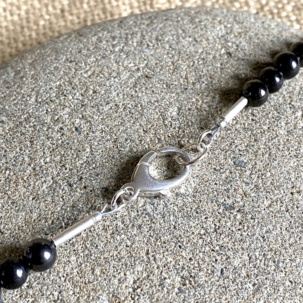 Shungite Necklace w/Fine Silver Juggling Hearts Cat Pendant, Turquoise Heart Beads