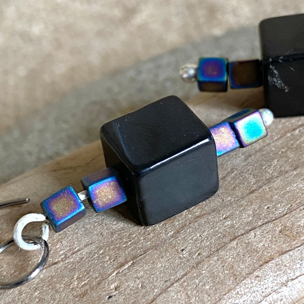 Shungite Cube Earrings with 4 Blue Iridescent Glass Cube Beads