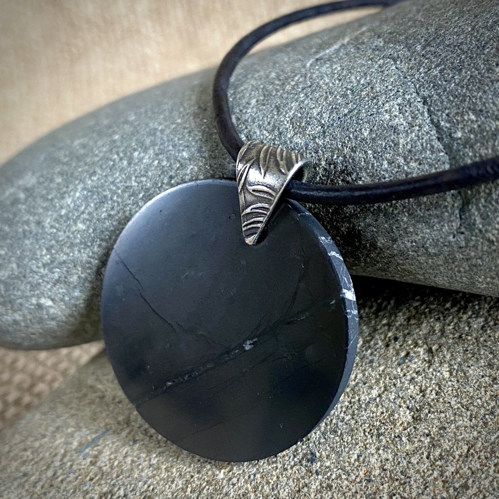 Round Shungite Disk Pendant, Simple Styling, Lightweight