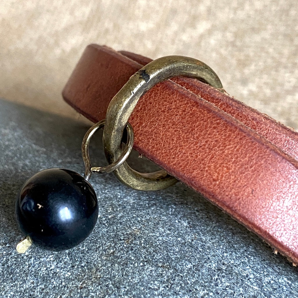 Leather Double-Wrap Bracelet, Shungite Bead, 200 Year Old Brass Ring