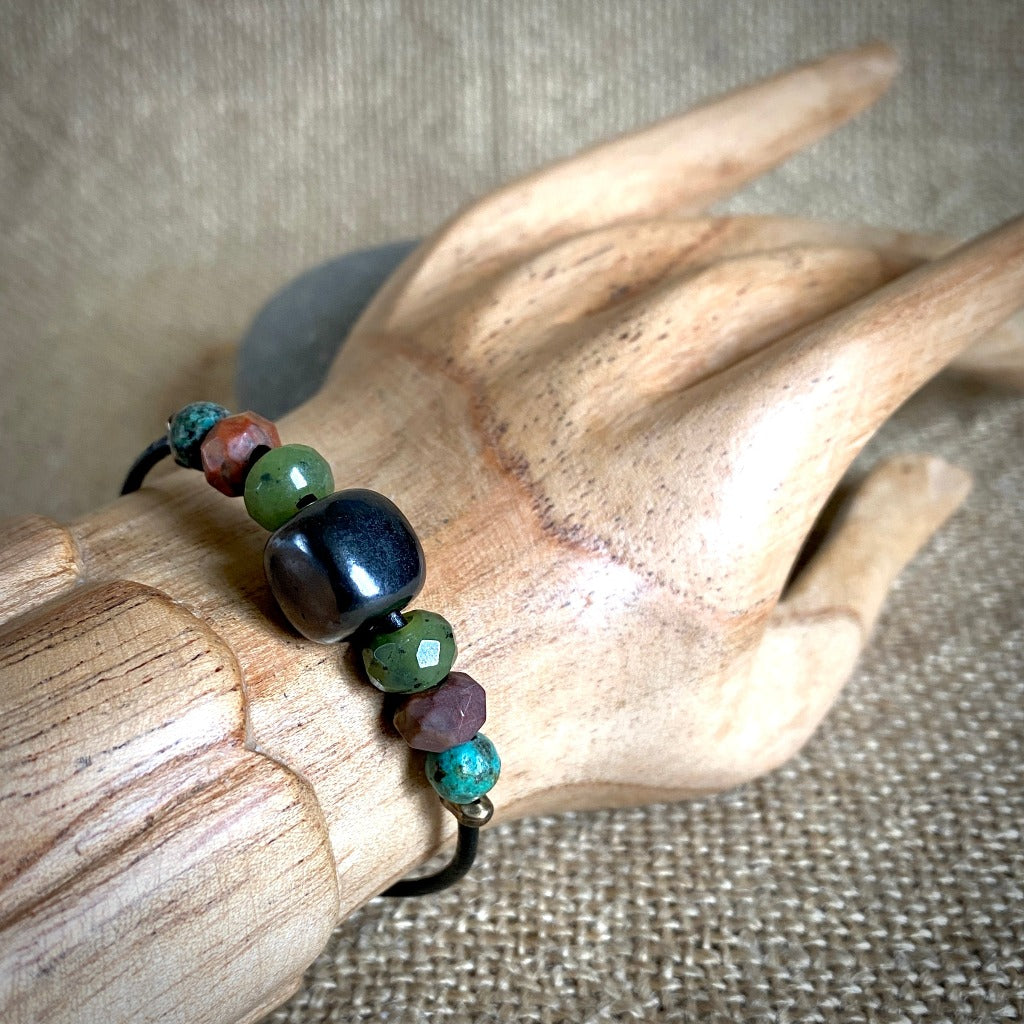 Shungite Bracelet with Green Jade, Red Creek Jasper, & African Turquoise