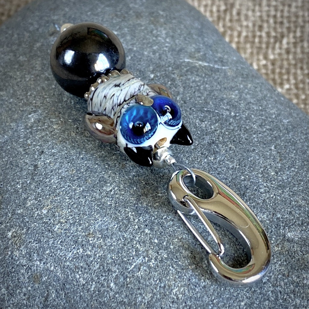 Blue-Eyed Owl & Shungite Clip-On, Necklace, Artisan Lampwork Glass Bead