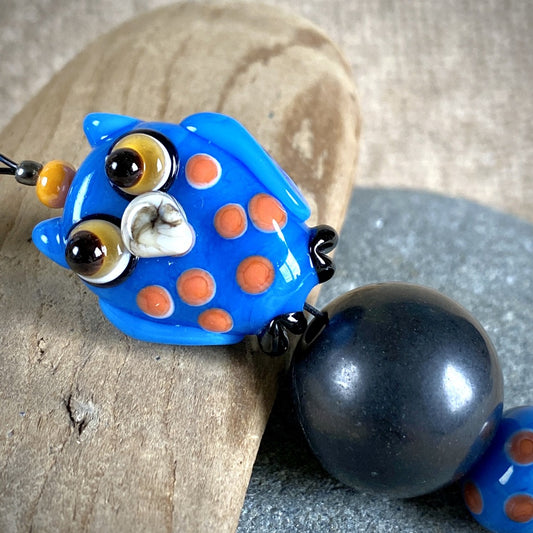 Shungite Owl Clip-on, Blue & Orange, Artisan Lampwork Glass Bead - Shungite Queen