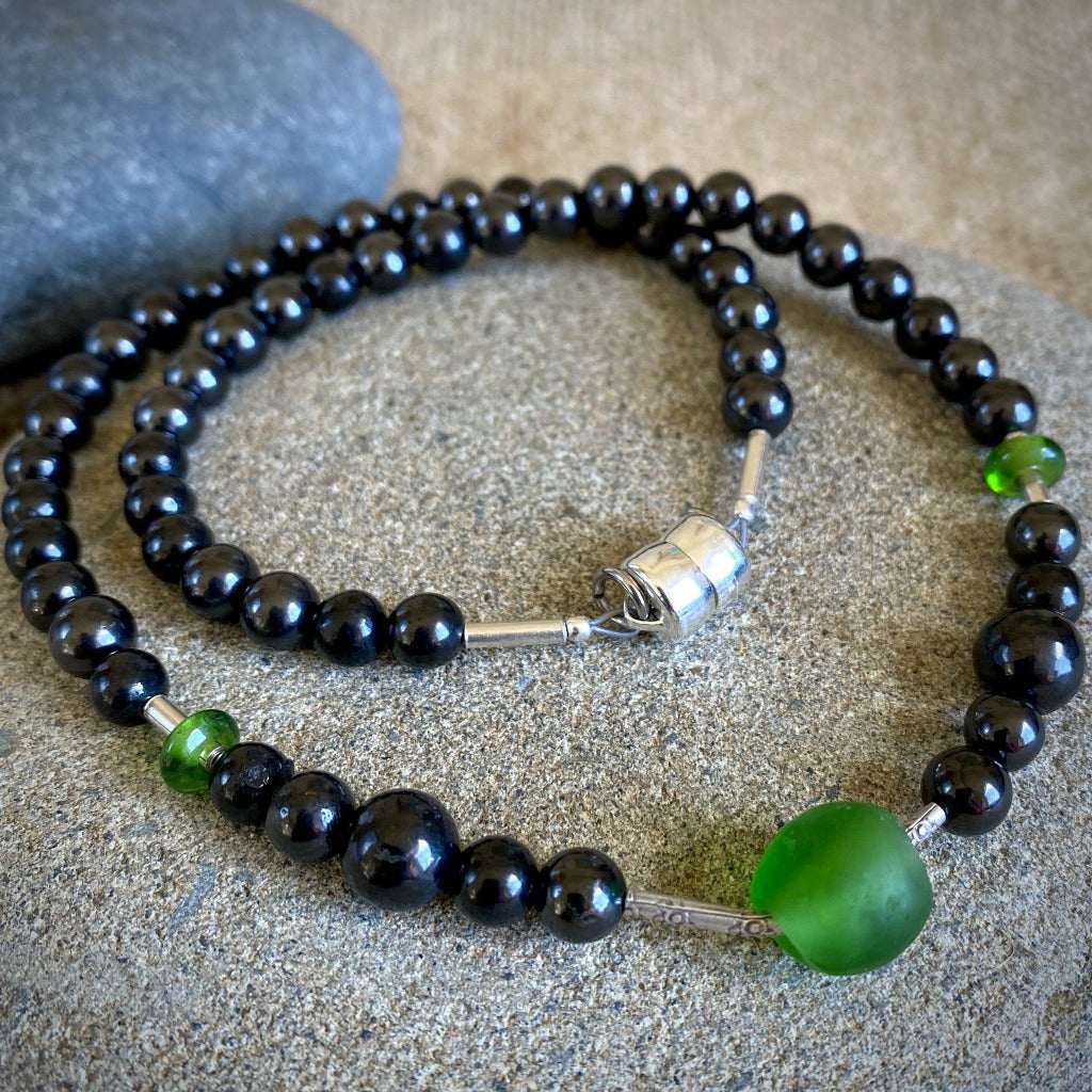 Shungite Necklace, Hill Tribe Silver, Recycled Glass Beads from Ghana