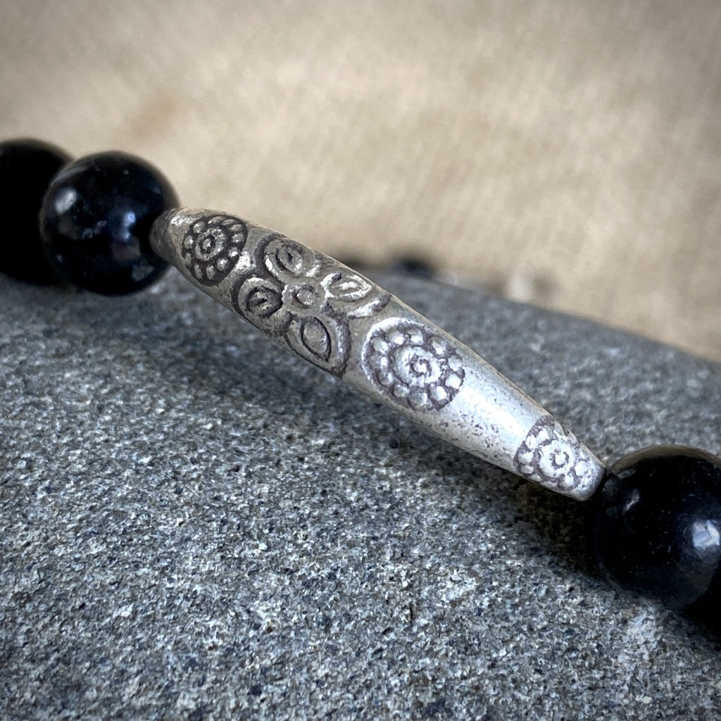Shungite Bead Necklace, Hill Tribe Silver Stamped Tube Bead, Unisex