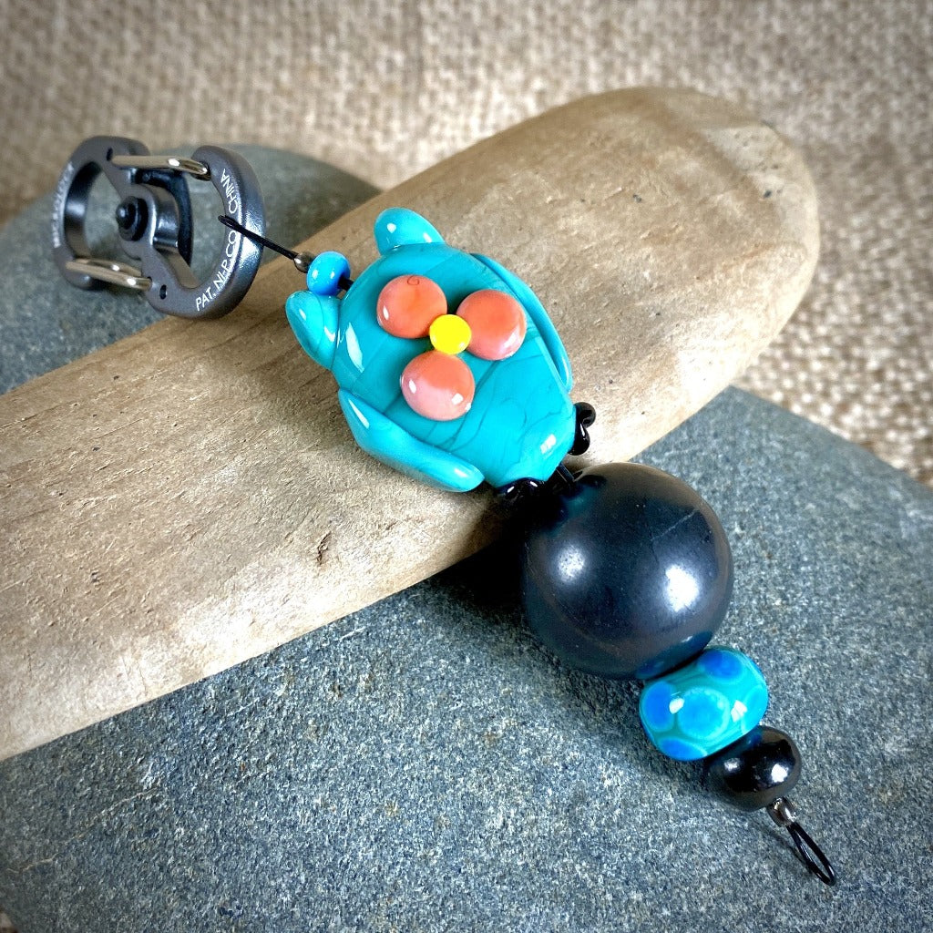 Shungite Owl Clip-on, Turquoise & Blue, Artisan Lampwork Glass Bead - Shungite Queen