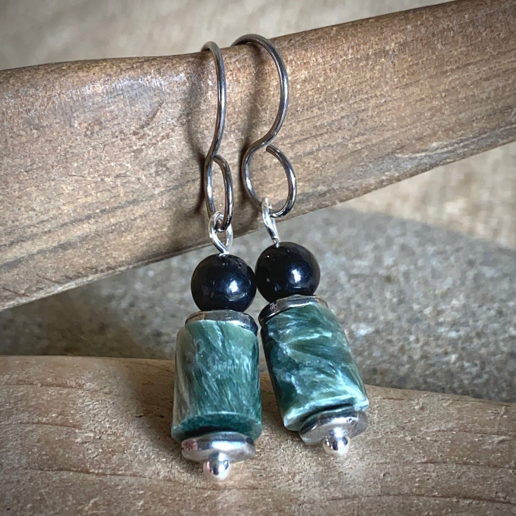 Shungite Earrings with Seraphinite Barrel Beads, Angelic Realms